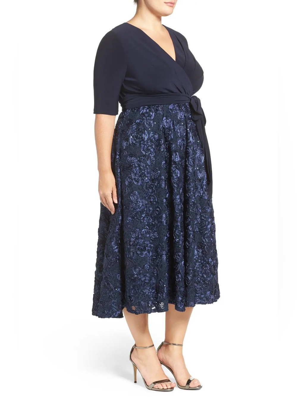 Alex Evenings Elegant Navy Wrap & Floral Midi Dress Size 18W - Picture 2 of 15